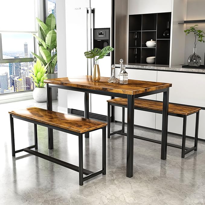 AWQM Dining Room Table Set, Kitchen Table Set with 2 Benches, Ideal for Home, Kitchen and Dining Room, Breakfast Table of 43.3x23.6x28.5 inches, Benches of 38.5x11.8x17.5 inches, Rustic Brown