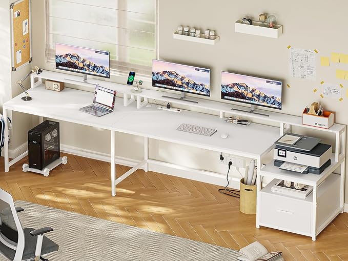 SEDETA White L Shaped Gaming Desk, 66" Home Office Desk with File Drawer, Power Outlet and Led Lights, Corner Computer Desk with Monitor Shelf, Printer Storage Shelves, for Two Person