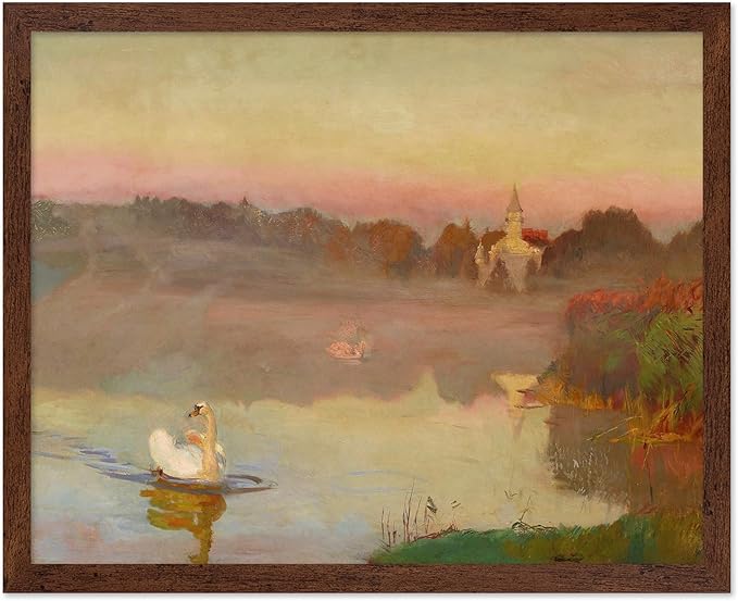 Poster Master Vintage Swan Print - Pond in Radziejowice Poster - Lake & Landscape Art - Farmhouse Wall Design - Animal Lover Art - Aesthetic Living Room or Office Decor - 8x10 Brown Framed