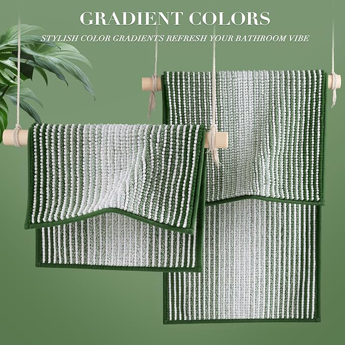 Bathroom Rugs and Mats Sets, 2 Piece Thick Absorbent Chenille Bath Mat Rug Set Non Slip, Soft Shaggy Bath Room Floor Mats for Bathroom, Machine Washable (Hunter Green, 24" x 70" Plus 20" x 32")