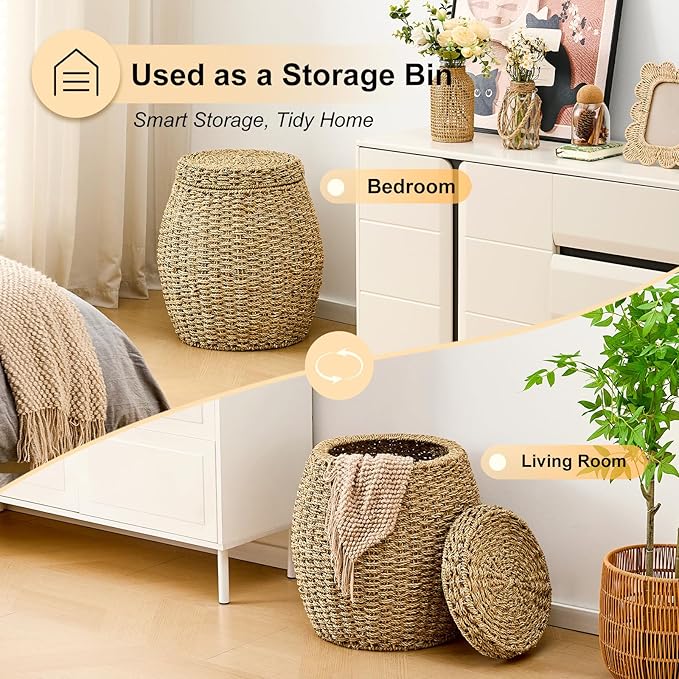 Round Wicker Basket with Lid, Handwoven Seagrass Storage Basket, Blanket Organizer Basket for Laundry, Bathroom, Bedroom, Living Room, Office