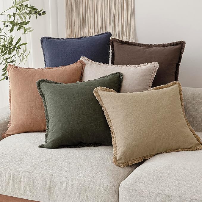 Foindtower Set of 2 Decorative Linen Fringe Throw Pillow Covers Boho Farmhouse Cushion Cover with Tassels Soft Accent Pillowcase for Couch Chair Sofa Bed Living Room Home Decor,18×18 Inch,Tan Beige