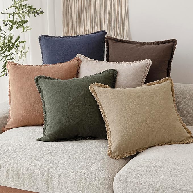 Foindtower Set of 2 Decorative Linen Fringe Throw Pillow Covers Boho Farmhouse Cushion Cover with Tassels Accent Pillowcase for Couch Chair Sofa Bed Living Room Home Decor,16×16 Inch,Tan Beige