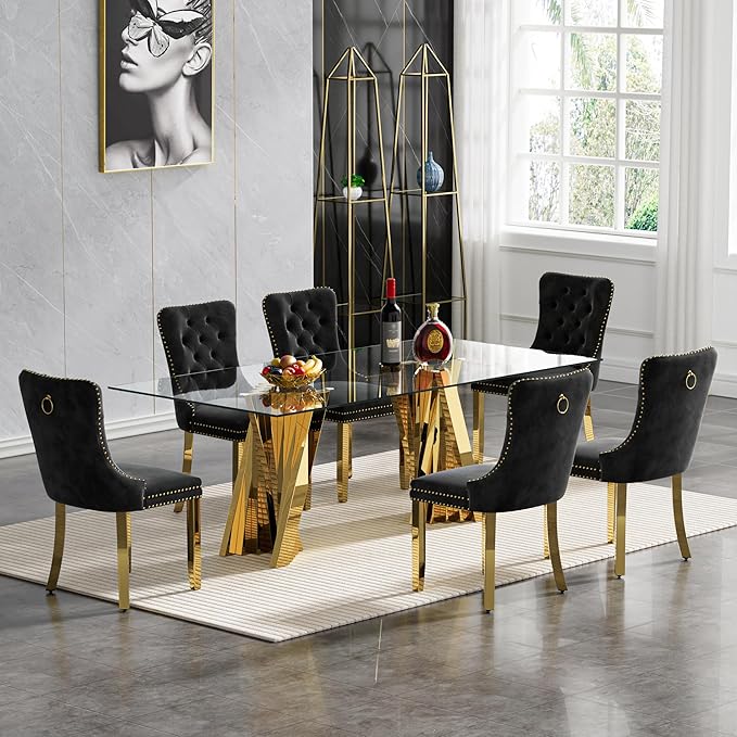 Goujxcy 70" Glass Dining Table Set for 6, Modern Gold Dining Table Set with 6 Black Velvet Upholstered Dining Chairs, 7 Piece Kitchen Dining Room Table Set with Stainless Steel Legs