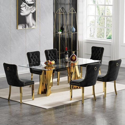 7 Piece Dining Table Set with 6 Black Dining Chairs, Modern Glass Kitchen Table and Chairs Set for 6, 70" Rectangle Gold Glass Pedestal Dining Room Tables with Flash-Shape Stainless Steel Base
