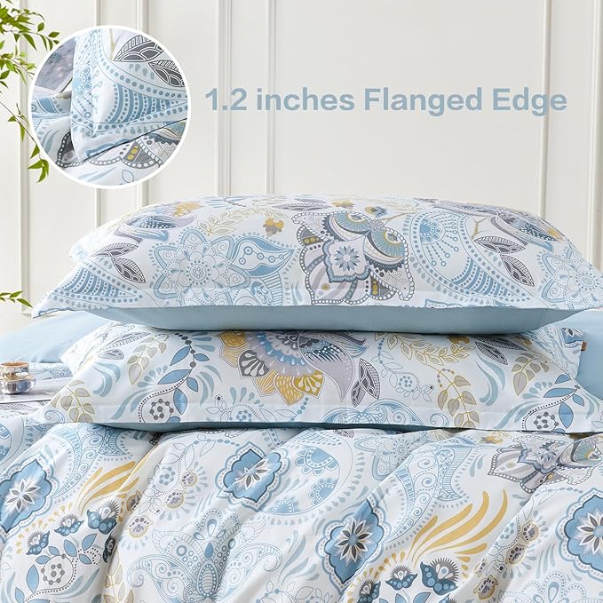 SAPHREAS Blue Floral Duvet Cover King Size Geometric Pattern Botanical Blossom Bedding Comforter Cover Set 100% Cotton 1 Duvet Cover 2 Pillow Shams, Comforter Not Included