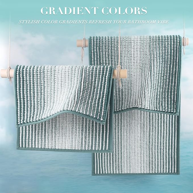BSICPRO Bathroom Rugs and Mats Sets, 2 Piece Thick Absorbent Chenille Non Slip, Soft Shaggy Floor Mats, Machine Washable (Sea Green, 20" x 47" Plus 16" x 24")