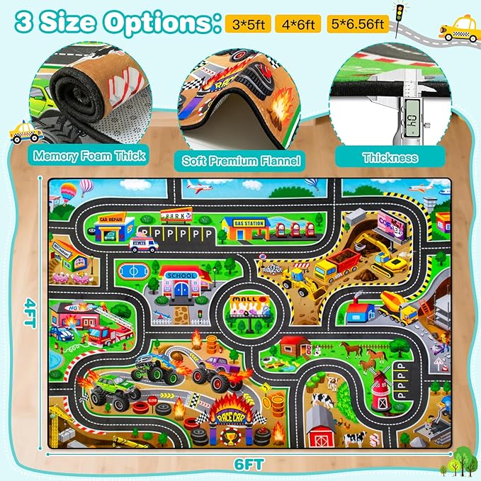 Kids Rug, 4x6 Ft Non-Slip Monster Truck Play Rug, Extra Thick (0.4in), Educational LearningTraffic Road Car Carpet for Nursery, Classroom, Playroom & Bedroom