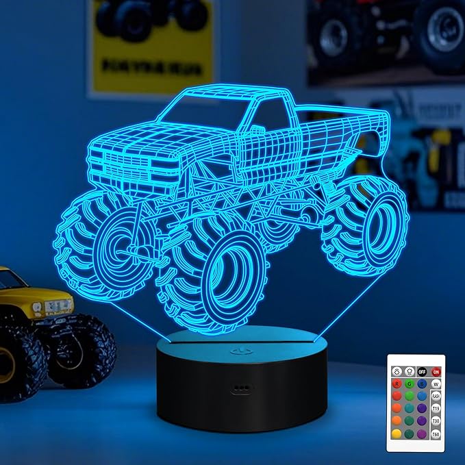 3D Night Lights for Children, Kids Night Lamp, Monster Trucks for Boys, 16 LED Colors Changing Lighting, Car Shape Acrylic Lighting Table Desk Bedroom Decoration, Ideas Birthday Xmas