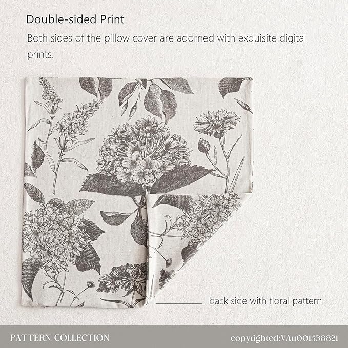 Foindtower Set of 2 Linen Floral Vintage Throw Pillow Covers Neutral Accent Decorative Cushion Covers Farmhouse Boho Home Decor for Sofa Chair Couch Bedroom Living Room Outdoor,18×18 Inch,Light Gray