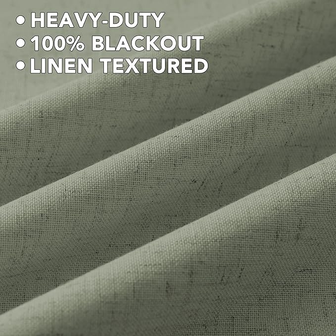 H.VERSAILTEX Linen Curtains 100% Blackout Curtains for Bedroom 108 inch Long Full Light Blocking Nature Linen Blended Window Curtains for Living Room Nickel Grommet (2 Panels, Heathered Dried Sage)