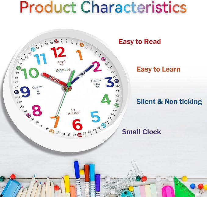 Wall Clock for Kids Learning to Tell Time Non Ticking Battery Operated Kids Teaching Clock Small Teaching Time Clock Decorative for Kids Room Classroom School (8 Inch)