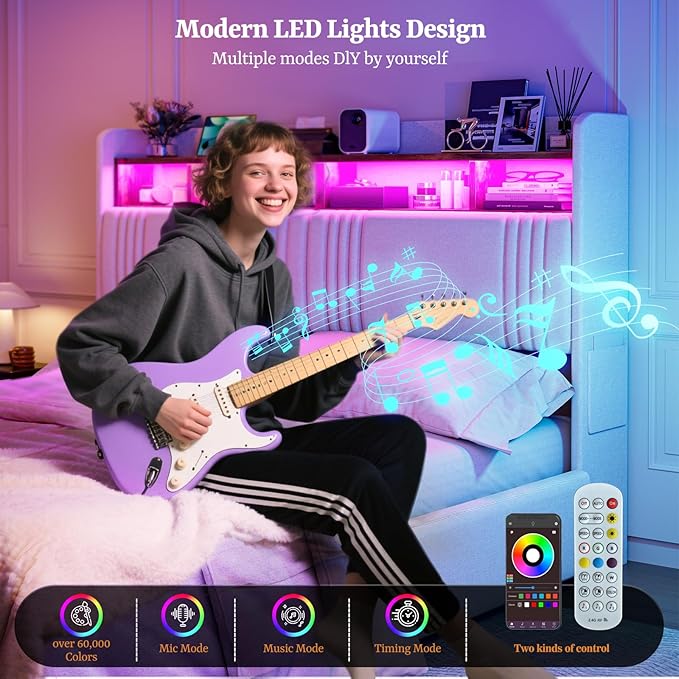 IKIFLY 49.2” Tall California King Bed Frames with 4 Storage Drawers, Upholstered Wingback Hidden Storage Headboard with LED Lights & Charging Station, No Box Spring Needed, Noise Free, White