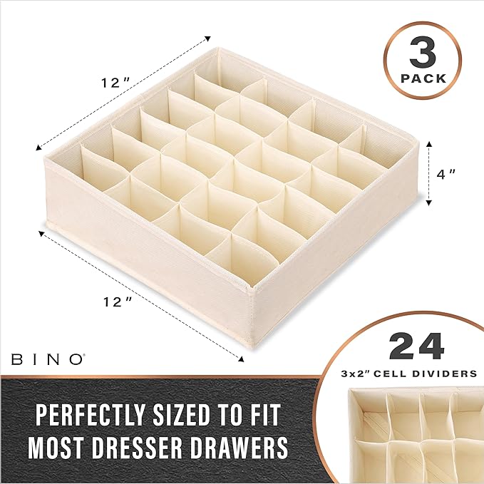 BINO 3-Pack Underwear Drawer Organizer - Beige | Sock Organizer | Drawer Organizer Dresser | Interior Drawer Organizer Storage | Dividers Dresser Drawers | Undergarment Scarf Tie Drawer Organizer