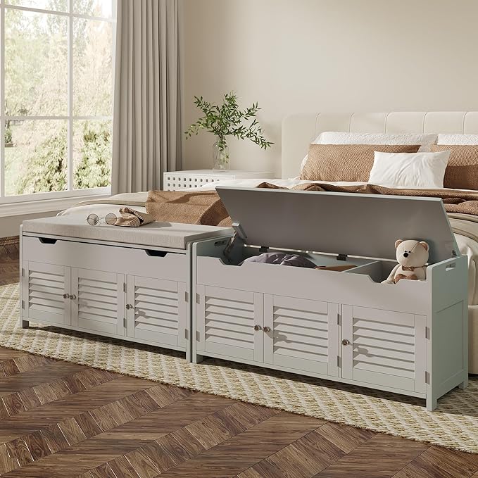 ChooChoo 41.3" Shoe Storage Bench with Lift Top Storage, Entryway Bench with Cushioned Seat, Adjustable Shelf, Shoe Cabinet with Hidden Space, for Entryway, Bedroom, Living Room, Grey