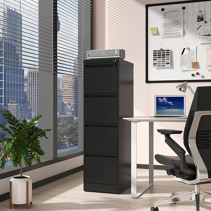 AQY 4 Drawer File Cabinet with Lock, Metal Filing Cabinets for Home Office, 18" Deep Vertical Storage Drawer for Hanging A4/Letter/Legal Size Files, Assembly Require