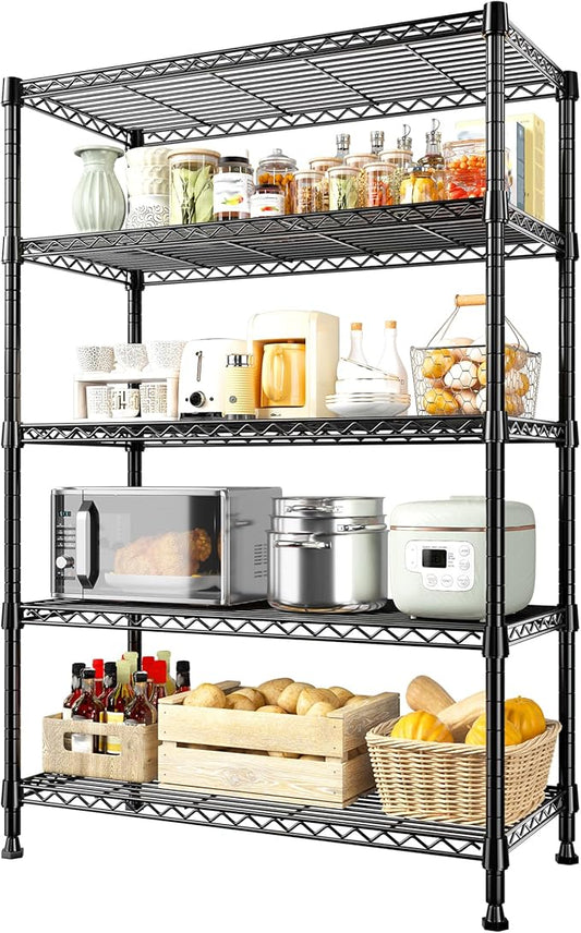 REIBII Storage Shelves, 5-Tire Wire Shelving Load 1000LBS Metal Shelves for Storage Adjustable Garage Shelving Unit Wire Shelf Rack Kitchen Storage Rack Pantry Shelves 31.5''W x 15.7'' D x 71''H