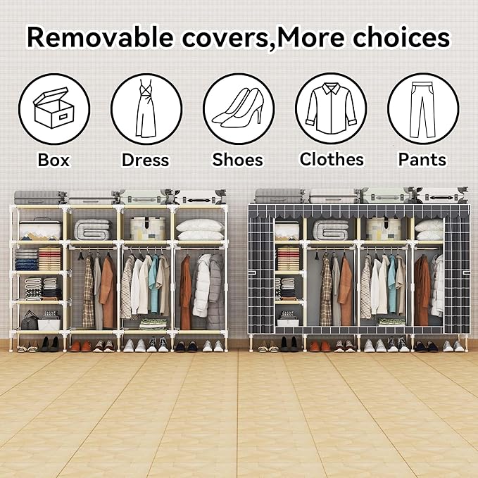 Portable Wardrobe Closet Durable and Easy to Assemble Heavy Duty Clothes Rack with Non-Woven Cover Fabric Best for Bedroom and Easy Storage and Organization (Grey-F)