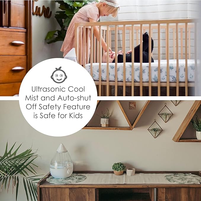 Crane White Teardrop Ultrasonic Cool Mist Humidifier, 1 Gallon Auto Shut-Off for Large Room, Baby Nursery, Bedroom Office, Clear & White