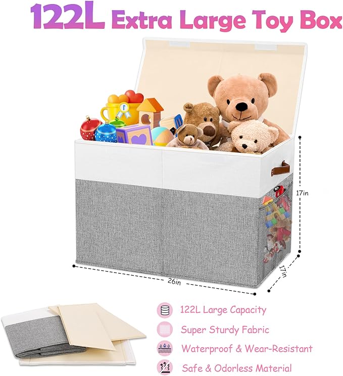 Large Toy Storage Box with Lid, Collapsible Sturdy Toys Storage Organizer Chest Bin Basket with Mesh Divider for Kids, Boys, Girls, Closet, Playroom, Bedroom, Nursery, 26"x17"x17" (Gray and White)