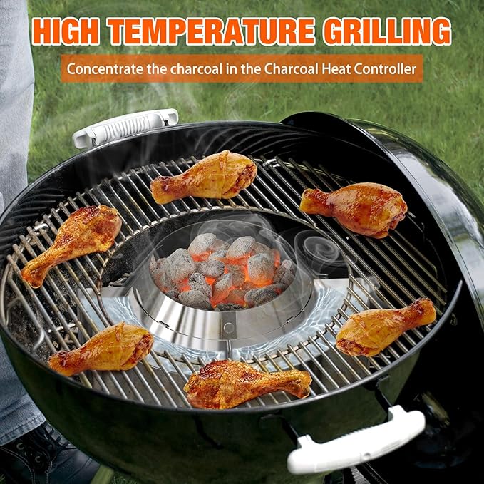onlyfire Charcoal Basket, BBQ Whirlpool Stainless Steel Ash Basket with Water Reservoirs Charcoal Heat Controller Charcoal Grill Cone for 22”/26” Weber Kettle Charcoal Grills