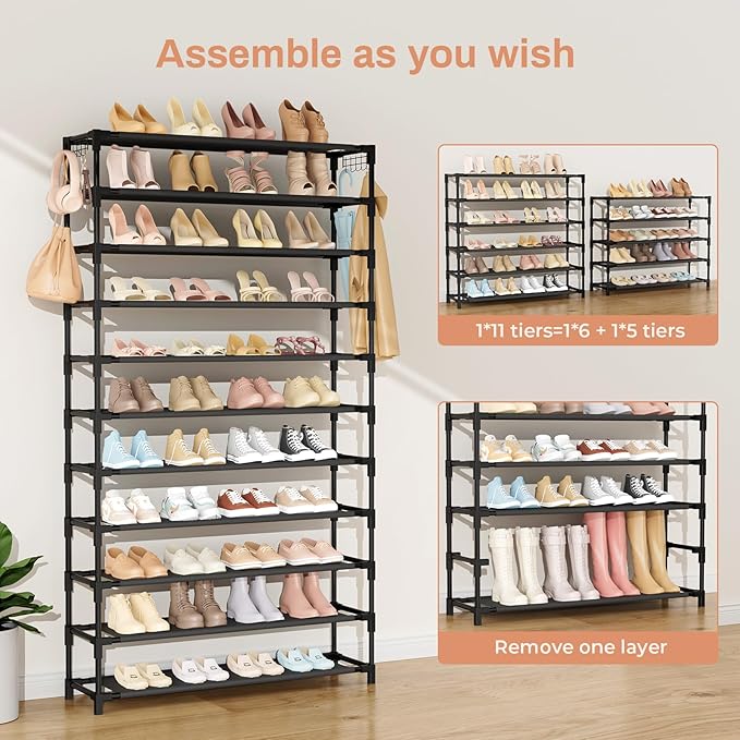 11 Tiers Tall Wide Shoe Rack 55 Pairs Large Capacity Sturdy Durable Shoe Rack for Closet Metal Shoe Organizer Shelf with Two Hooks Space Saving for Entryway Black