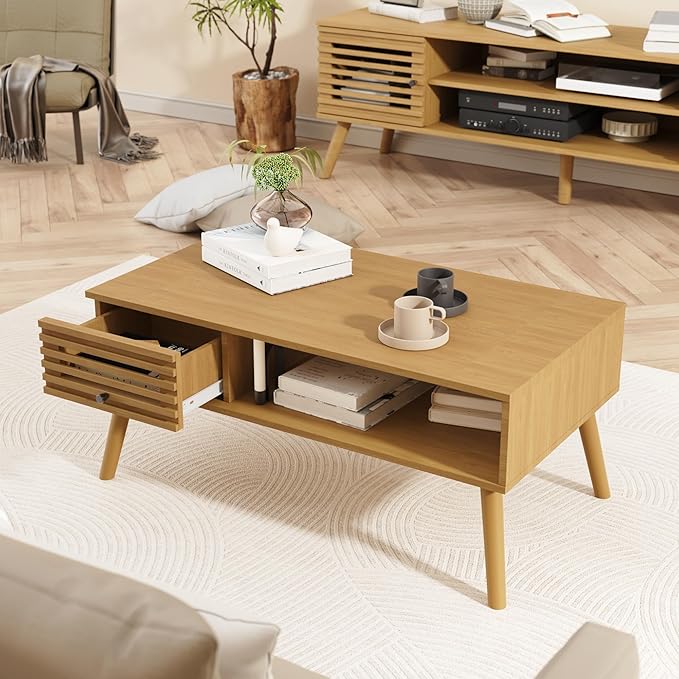Coffee Table, Mid Century Modern Table with Storage, Living Room Center Table with Slatted Panel Drawer, Fluted Wood Coffee Table with Open Shelf for Living Room, Oak