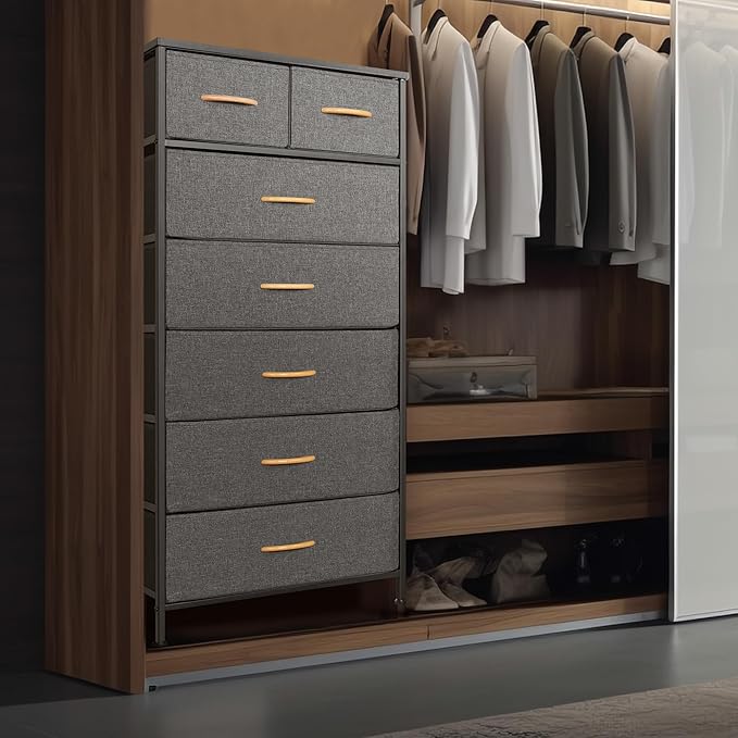 Tall Dresser for Bedroom, Vertical Storage Organizer Tower with 7 Drawers, Chest of Drawers with Fabric Bins, Steel Frame, Wood Top for Bedroom, Closet, Entryway- Grey