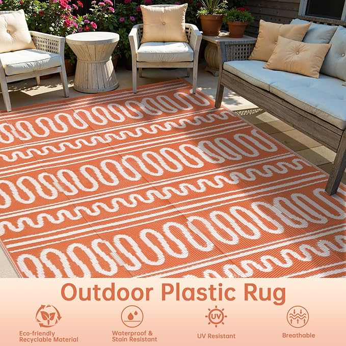 Beeiva Waterproof Outdoor Rug, 6x9 Plastic Outdoor Rug for Patio, Reversible Non Shedding RV Outdoor Mat for Deck, Balcony, Backyard, Porch, Camping, Picnic - Orange