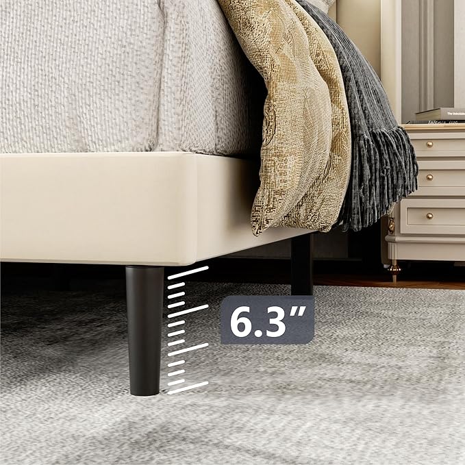 King Size Bed Frame with Wingback Headboard, Upholstered Platform Bed, No Box Spring Needed, Sturdy Wooden Slat Support, Easy Assembly, Cream