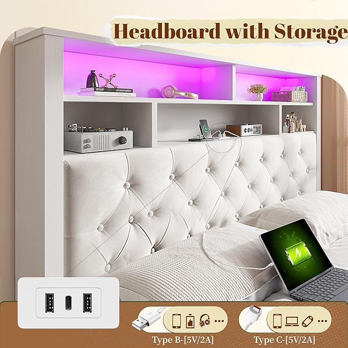 EnHomee Full Size Bed Frame with 4 Storage Drawers and Headboard Upholstered,Wooden Full Bed Frame with Charging Station and LED Light,NO Noise,No Box Spring Needed,Beige