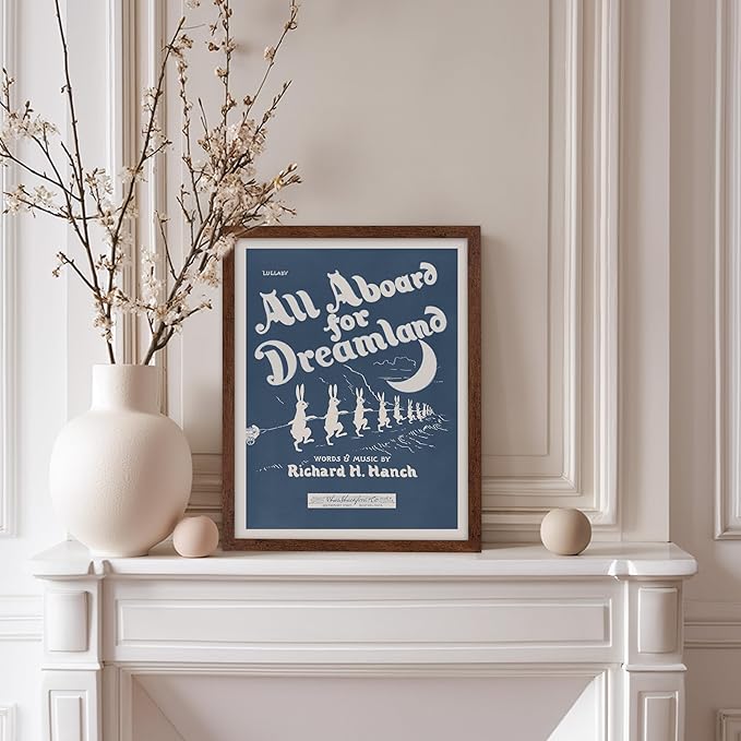 Poster Master All Aboard For Dreamland Poster - Retro Children's Lullaby Print - Story Book Art - Bunny Art - Rabbit Art - Aesthetic Art - Kid's Bedroom or Nursery Wall Decor, 8x10 Brown Framed
