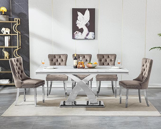 Goujxcy 68" Marble Dining Table Set for 6, Modern Rectangle Dining Room Table Set for 6, Luxury White Silver Marble Kitchen Table and Chairs Set of 6 for Living Room,Kitchen