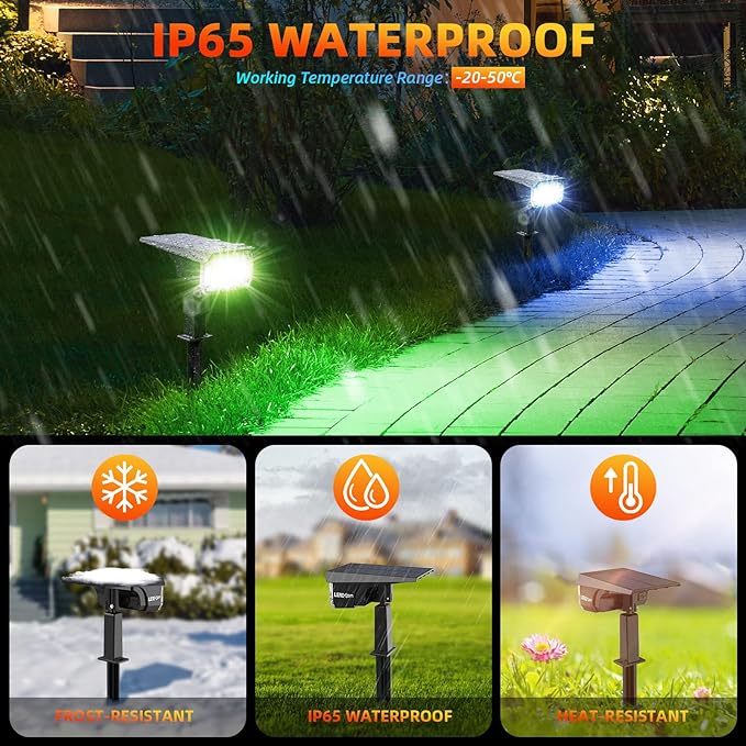 Color Solar Light Outdoor Waterproof Spotlights with 9 Light Modes, Color Changing Solar Outdoor Light for Decorate Festivals, Colored Spot Lights Auto On/Off, RGBW Landscape Lights