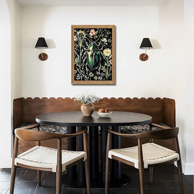 Framed Vintage 3D Textured Wall Art - Gothic Dark College Beetle Wall Decor - Hand Drawn Sandstone Nature Botanical Pictures for Living Room Bedroom Home Decor 12x16in