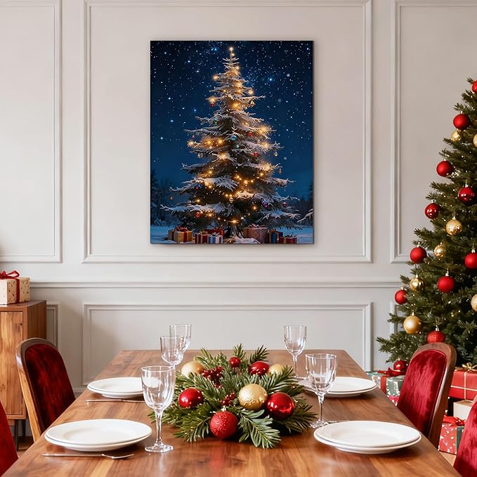 Framed Christmas Pictures Wall Decor,Vintage Pine Tree Prints,Winter Christmas Canvas Wall Art Decoration for Bedroom Bathroom Living Room Rustic Xmas Holiday Gifts (Christmas Tree 13, 16'' X 20'')