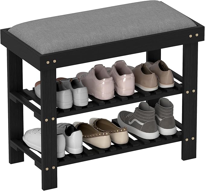 HOMCOM Bamboo Shoe Bench, 3-Tier Entryway Bench with Storage and Cushion, Shoe Organizer for Entryway, Hallway, Holds Up to 331 lbs, 23.6 x 11.4 x 19.3 Inches, Black