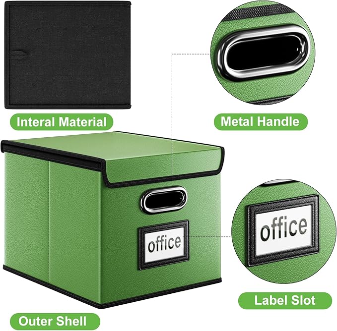 Huolewa File Organizer Box with Lid, Collapsible Faux Leather Document Organizer, Hanging File Folder Box with Plastic Slide, Decorative Filing Boxes Cabinet for File and Folders Storage(Green)