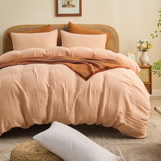 MEISHANG Muslin Duvet Cover Queen Size - 100% Organic Cotton, Soft Textured Gauze Weave Comforter Cover for Breathable All-Season with Zipper Closure - 3 Piece Set (Queen, Cameo Rose)