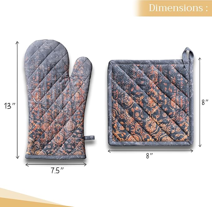 Maison d' Hermine 100% Cotton Oven Mitt & Pot Holder Set (7.5"x13" & 8"x8") Heat Resistant BBQ Cooking Gloves with Loop for Thanksgiving Christmas Decorations Handling Hot Pans (Imperfection)