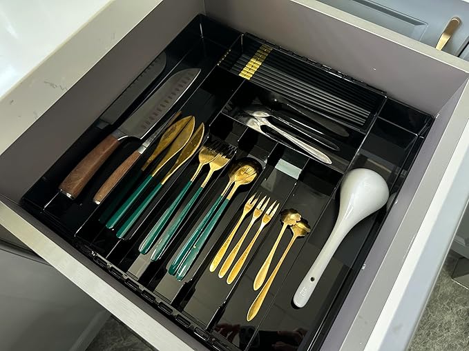 IEEK Kitchen Drawer Organizer for Cutlery and Utensils,Adjustable Silverware Drawer Organizer Tray,Kitchen Storage Divider for Spatula Tools,Gadgets,Forks,Knives,Spoons and Chopsticks,Black-L
