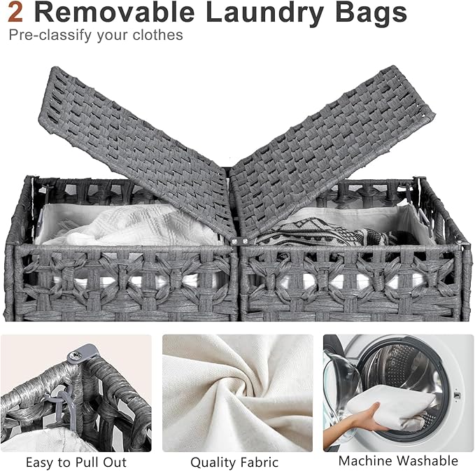 130L Foldable Laundry Hamper with Lid - Handwoven Rattan Storage Basket, 2-Section Clothes Hamper w/2 Removable Liner Bags, Easy Assembly, Portable for Bedroom Bathroom Dorm,Grey