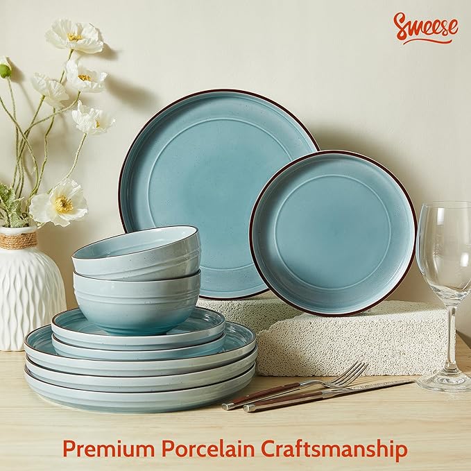 Sweese Plates and Bowls Sets, Porcelain Dinnerware Sets for 6, 18 pcs Handcrafted Glaze Embossed Dinner Set, Scratch Resistant Dishware, Dishwasher Oven Microwave Safe Ceramic Dish Set, Gradient Blue