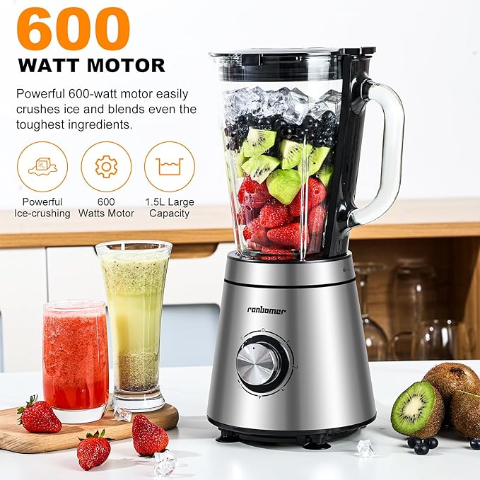 Blender,Blenders for Kitchen,Glass Blender for Shakes and Smoothies,crush ice,51 oz Glass Jar,Simple Speed Dial,6 Stainless Steel Blades, Ice Crusher with Speed Control, Silver.