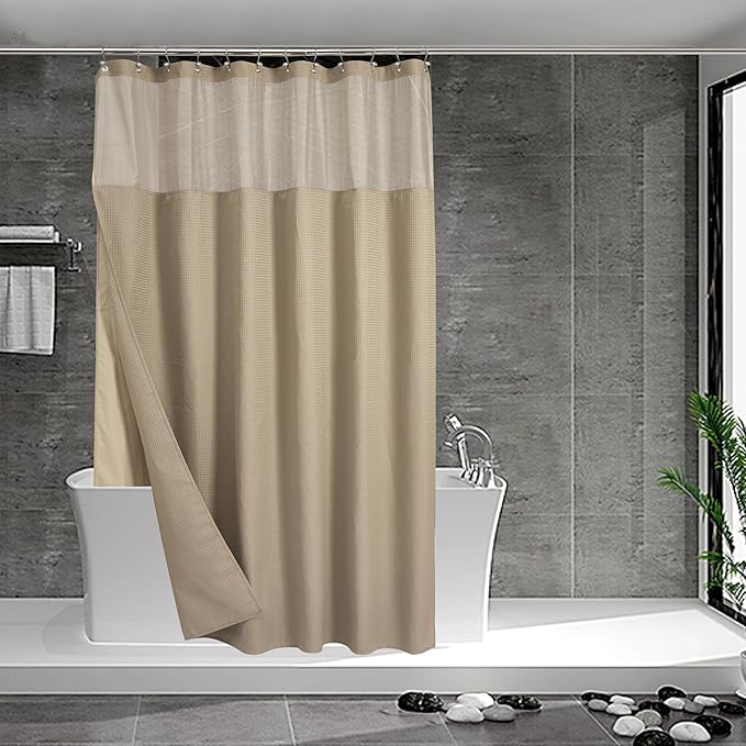 N&Y HOME Extra Long Waffle Weave Shower Curtain with Snap-in Fabric Liner Set, 12 Hooks Included - 71" x 84", Hotel Style, Mesh Top Window, Machine Washable & Water-Repellent - 71x84, Linen