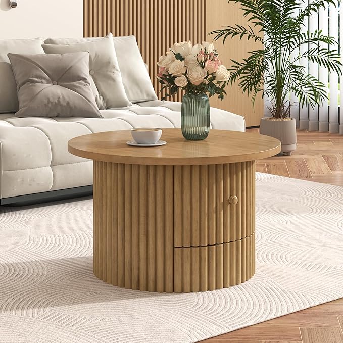 WILLIAMSPACE 30.5" Round Coffee Table with a Drawer, Modern Farmhouse Wood Circle Drum Center Table with Vertical Slat Base, Accent Side End Table for Living Room Apartment, Natural