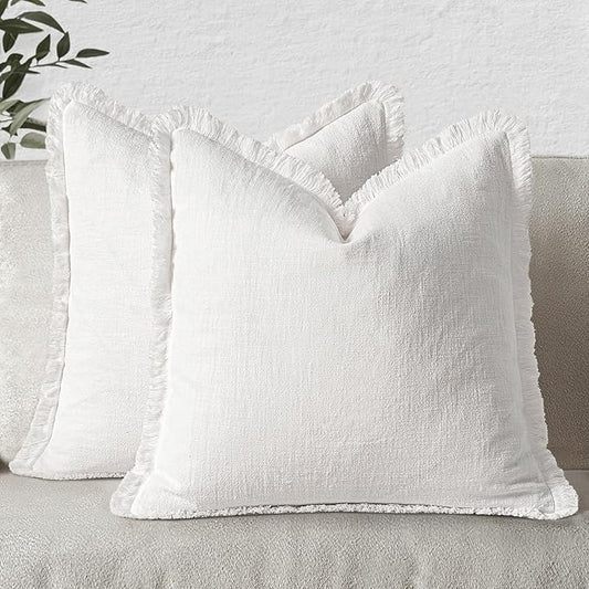 MIULEE Christmas Decorative Throw Pillow Covers Neutral Linen Fringe Throw Pillows Euro Shams Set of 2 White Boho Farmhouse Cushion Covers for Couch Sofa Bed Living Room Spring Home Decor 22x22 Inch