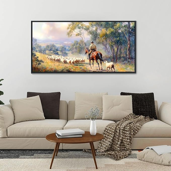 JEAWA Framed Canvas Wall Art - 20x40 IN Western Shepherding Landscape Painting, Country Picture with Trees, sheeps and Fine Horse, Shepherd Art Prints for Bedroom Bathroom Home Decoration