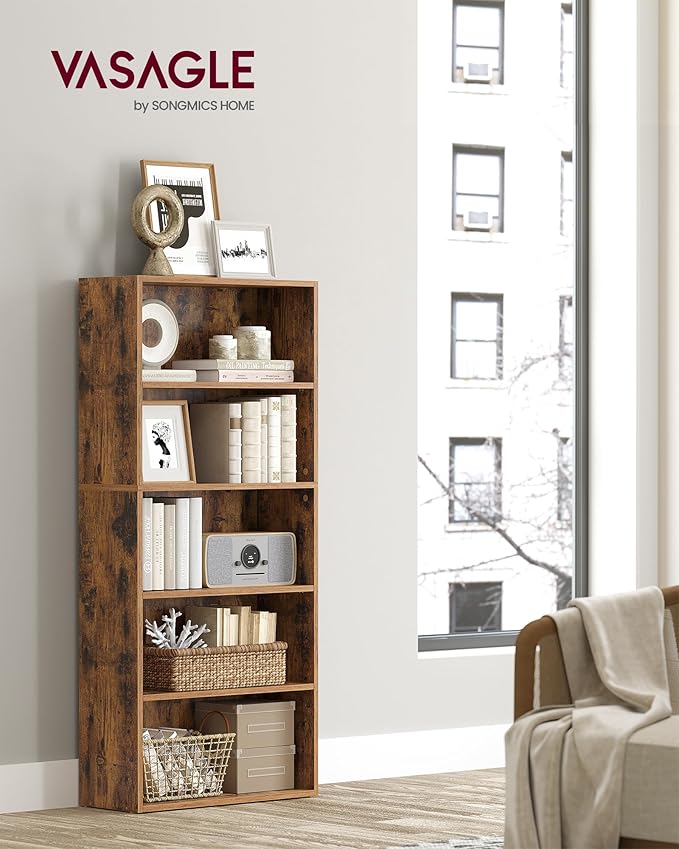 VASAGLE CUSTOS Collection - Bookshelf, 5-Tier Bookcase, Book Shelf, Open Storage Shelf, 9.4 x 23.6 x 52.8 Inches, for Living Room, Home Office, Dinning Room, Rustic Brown ULBC165X01