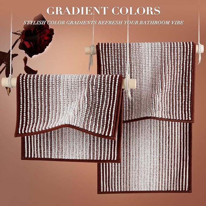 Bathroom Rugs and Mats Sets, 2 Piece Thick Absorbent Chenille Bath Mat Rug Set Non Slip, Soft Shaggy Bath Room Floor Mats for Bathroom, Machine Washable (Burgundy Red, 20" x 60" Plus 20" x 32")